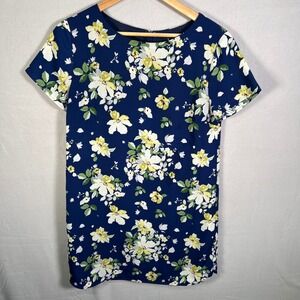 Lulus Floral Print Dress Short Sleeve Casual Sun Dress Navy Blue White Yellow‎ M